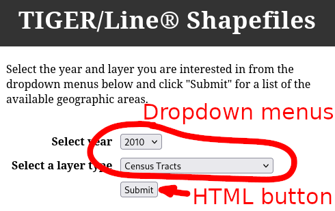 Screenshot of the U.S. Census Bureau TIGER/Line data portal. TIGER/Line is a special case because the data that it offers is available either through the form or through an FTP link co-located next to the form, which can easily be crawled by bots.